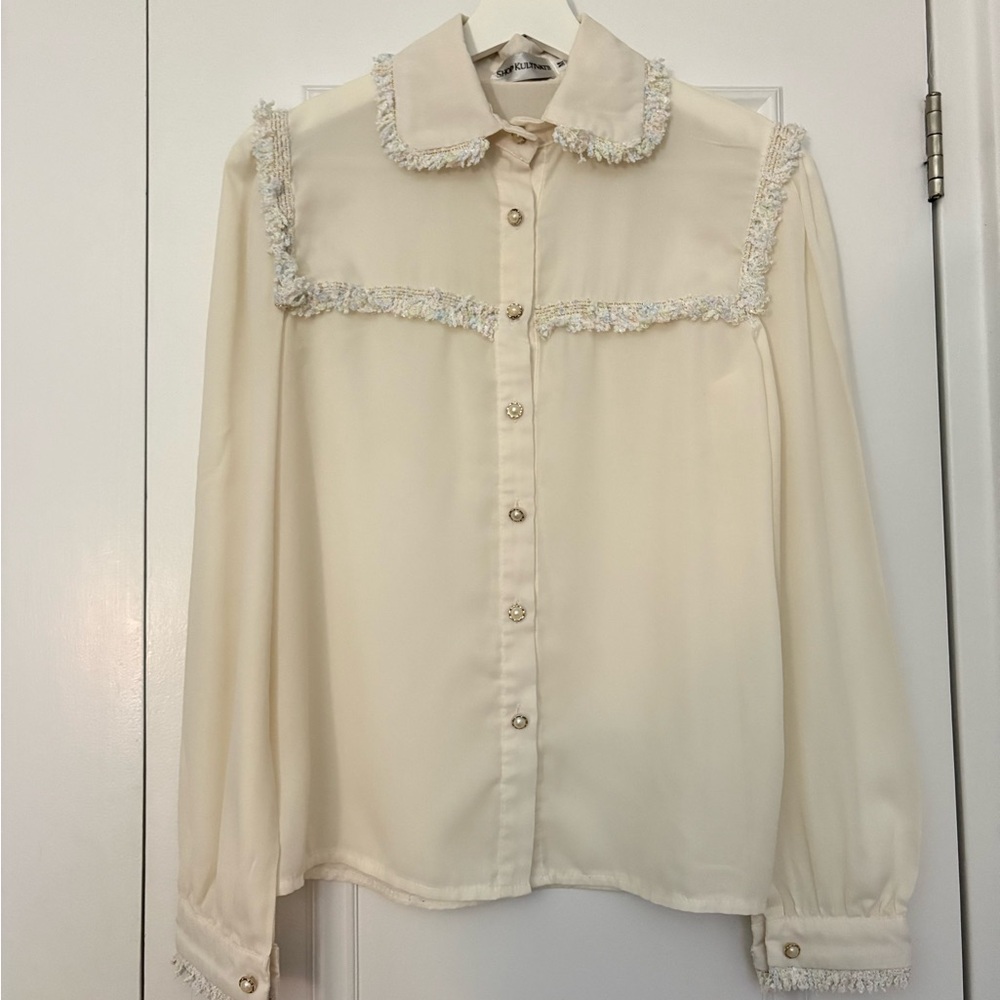 Victorian Business Cream Blouse with white lace trim on collar and cuffs